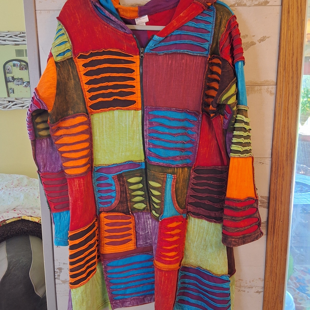 Multicolor Patchwork Hoodie Boho Distressed L/XL